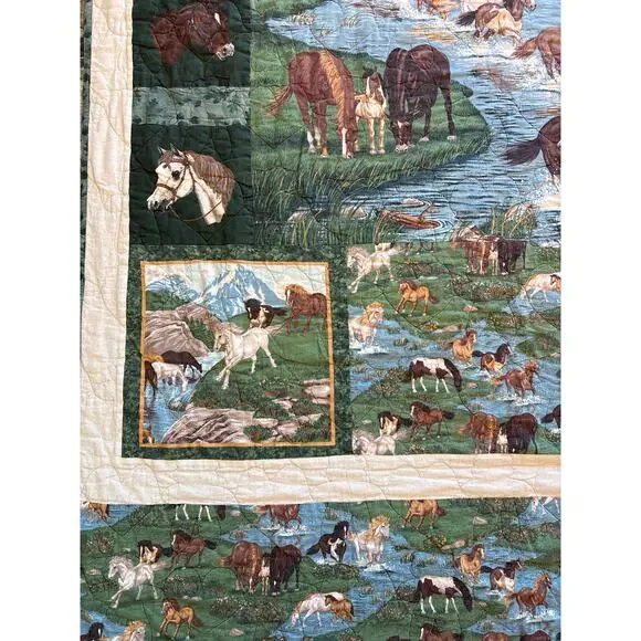 Handmade Horse patchwork Large Quilt stitched embroidered cottage blanket 55x79” - Picture 3 of 8